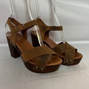 Mila Paoli Brown Distressed Leather Chunky Block Heel Sandals Size 8.5